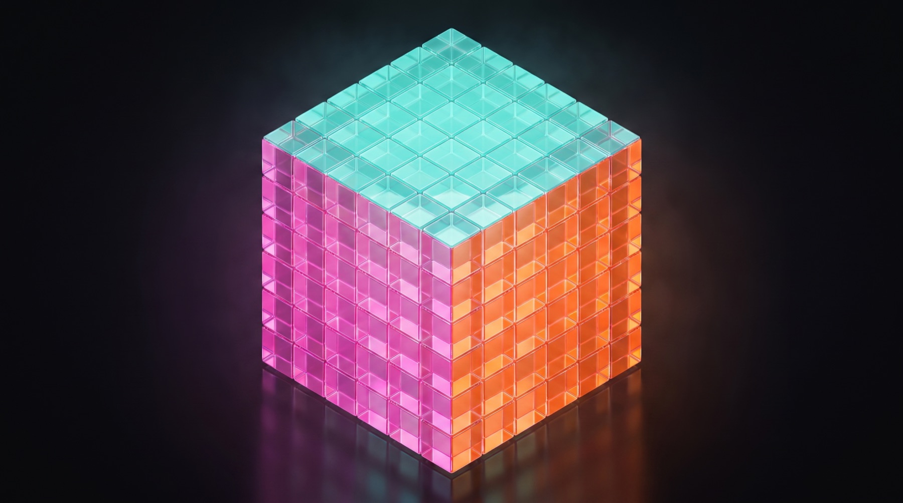 The HexRyt voxel cube rendered as glowing translucent glass blocks